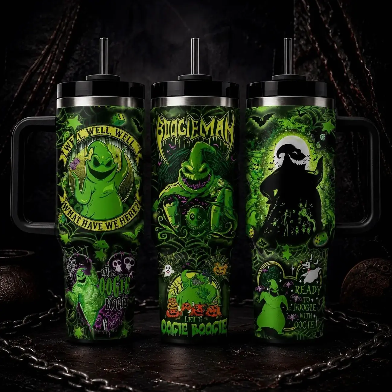 Halloween Gothic Bogeyman Tumbler, 40oz Insulated Travel Cup with Handle, Neon Comic Style Halloween Drinkware, Spooky Nightmare