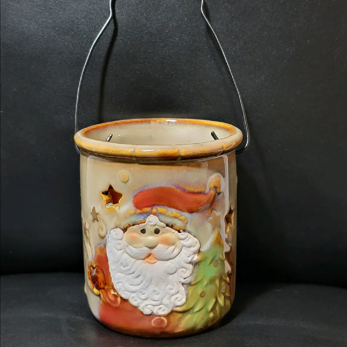 Vintage Ceramic Lantern Light Candle Holder Textured Santa Claus Christmas Tree