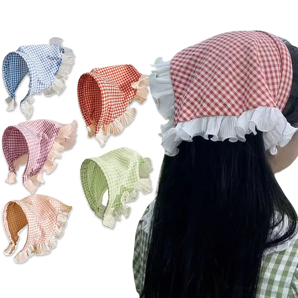 Women's 5-Pack Cottagecore Plaid Headbands - Viral Trend, Flowy White Ruffle Lace Edge Detail, Lightweight Breathable Fabric, Triangle Bandana, Soft Candy Color Stretchy Hair Accessories for Daily Wear, Romantic Photoshoot Aesthetics, Lovely Gift Choice,,