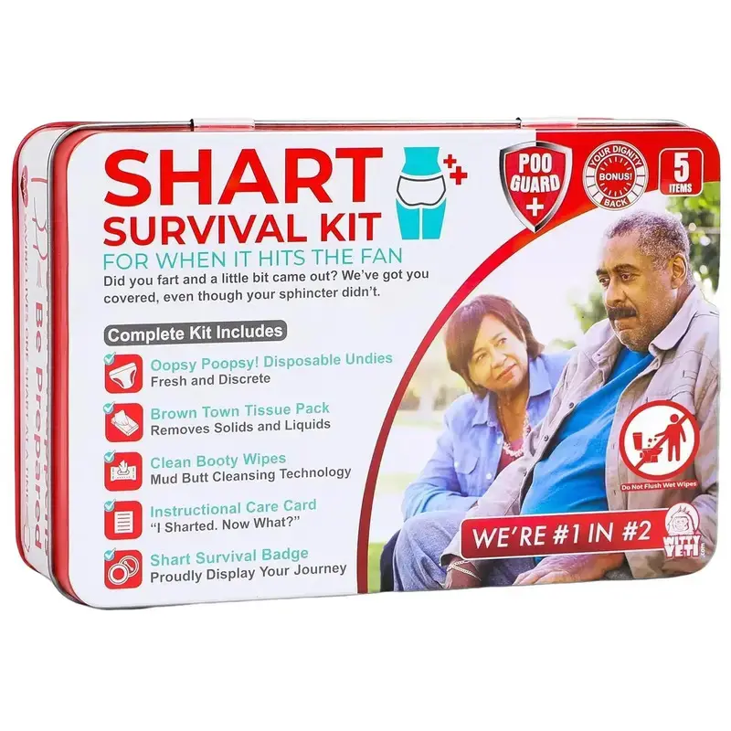 Unisex Humorous Shart Survival Emergency Kit, Travel Size Poop Prank Gag Gift Set for Friends (Ages 12+, 12 Years Above) with Wet Wipes, Disposable Underwear, Tissues, Novelty Badge