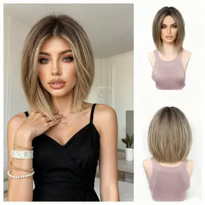 10 & 12 Inch Platinum Blonde & Brown Ombre Bob  Hair Wigs  Short Straight Layered Bob Wig  Premium  Hair for Daily & Party Looks