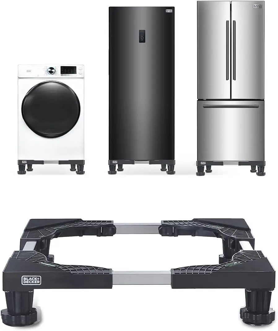 BLACK+DECKER Multi-Functional Stand, 4"H Compact Appliance Pedestal Stand with Anti Vibration Pads, Supports 700 lbs., Adjustable Length & Width 16-24.38", Stainless-Steel Frame, BWS16, Black