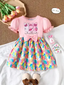 Easter Girls' Bow Waist Dress with Cute Rabbit Print, Bubble Sleeve Design, Perfect for Summer Outdoor Camping/parties/camping Photoshoots