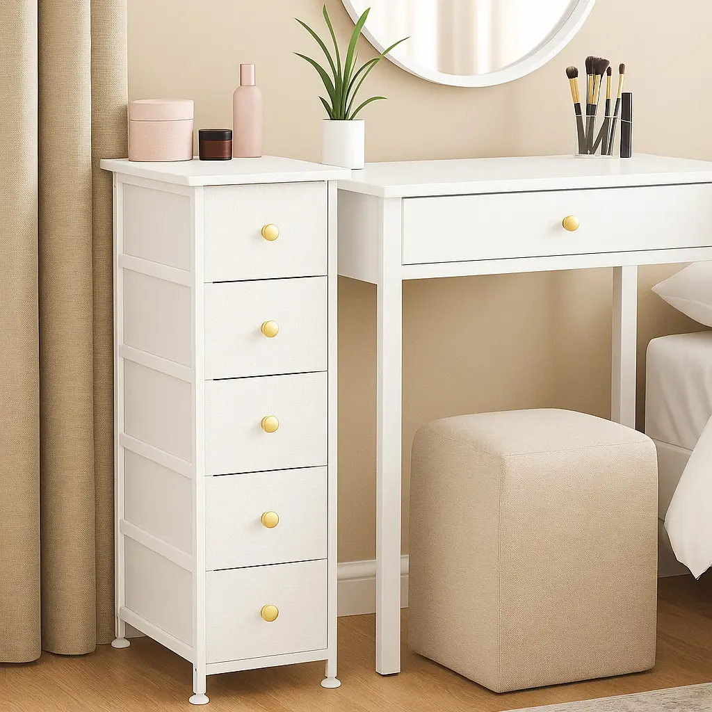 Narrow Dresser Storage Tower with 5 Fabric Drawers, Slim Dresser Chest of Drawers with Steel Frame, Wood Top, Golden Knobs, White Dresser for Bedroom,