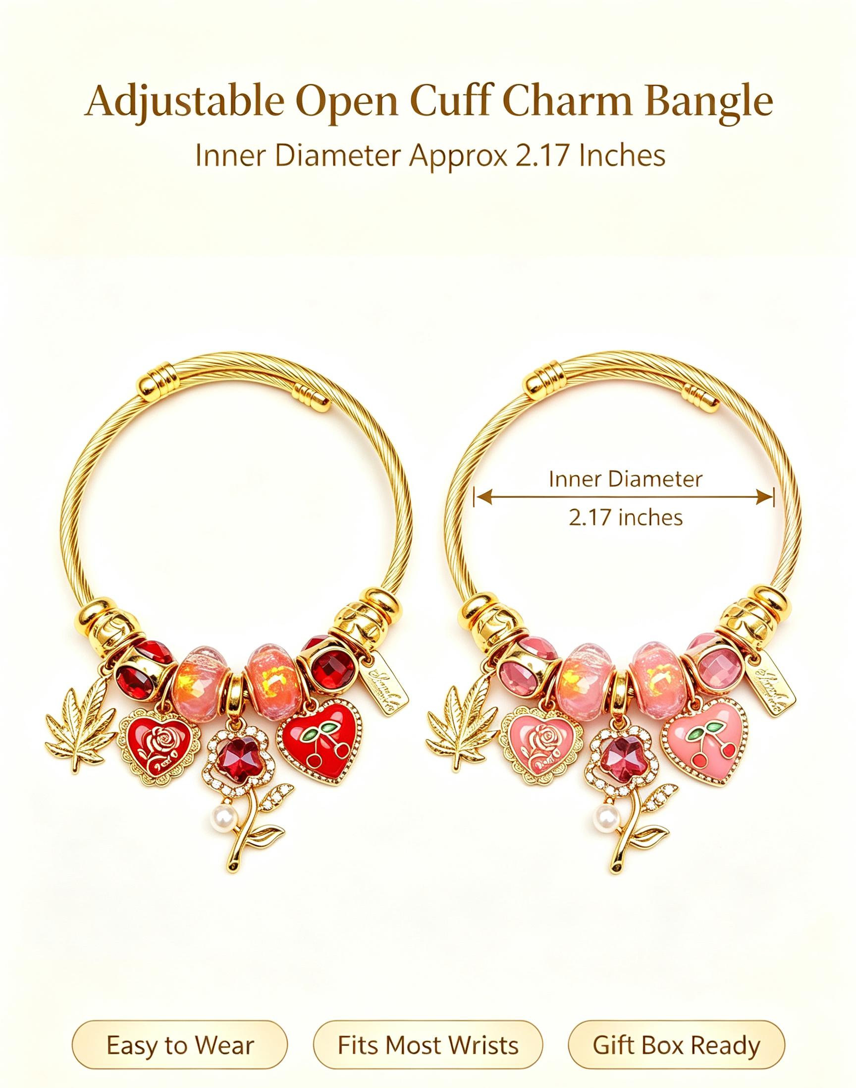 Golden Adjustable Open Cuff Charm Bangle, Cable Wire Beaded Bracelet with Enamel Heart Cherry Rose Maple Leaf Charms, Fashion Stackable Jewelry Gift for Women Girls