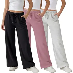 3 Pack Wide Leg Fleece Lounge Sweatpants for Women - Deep Pockets, Relaxed Fit, Elastic Drawstring Waist