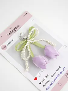 Tulip Pearl Ribbon Bow, Pendant Heart Keychain, Versatile Bag Charm, Ideal Gift for Girlfriend, Stylish Accessory