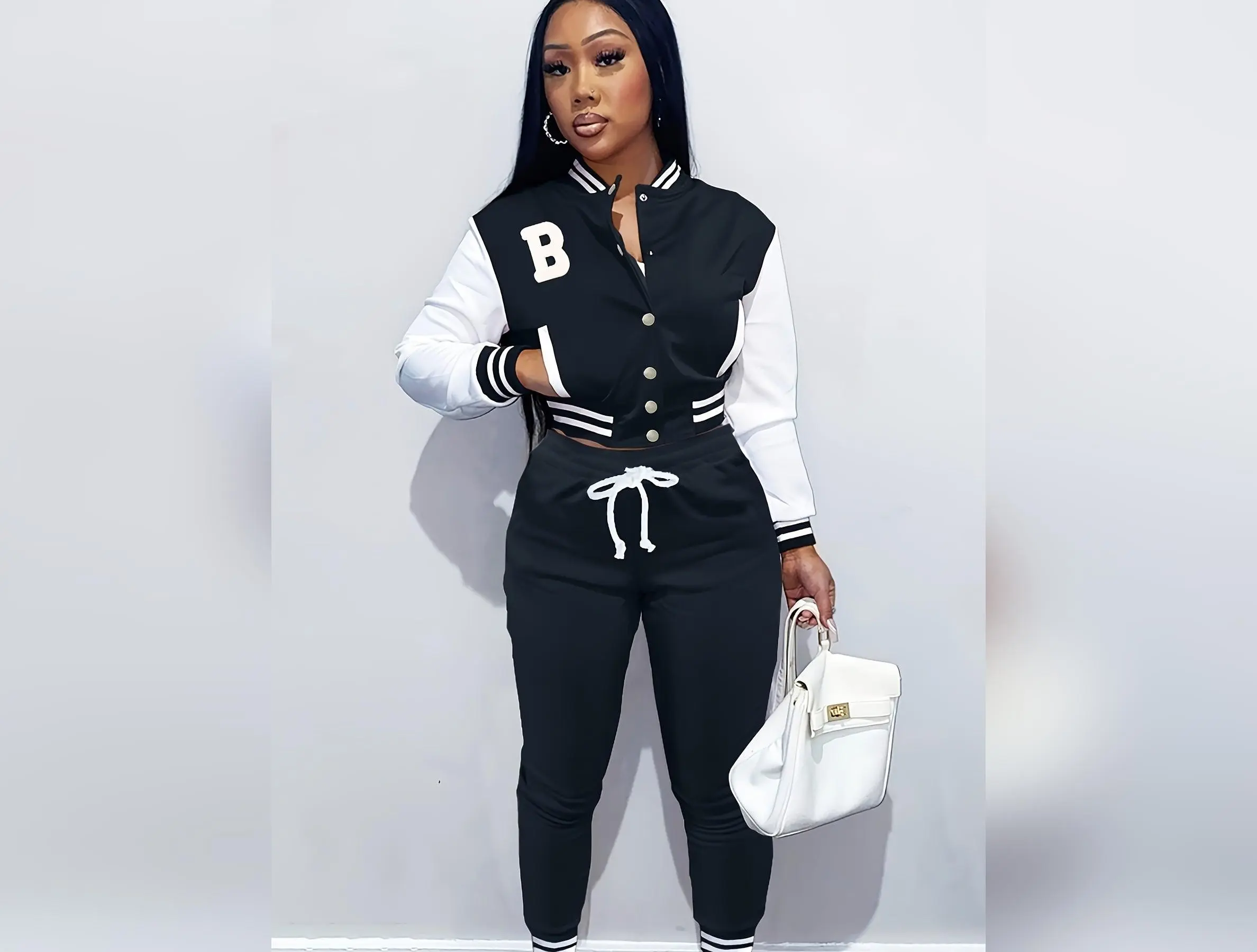 2-Piece Women's Varsity Jacket Sweatsuit: Crop Top Button Down Letterman Jacket & Matching Pants Set Womenswear