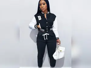 2-Piece Women's Varsity Jacket Sweatsuit: Crop Top Button Down Letterman Jacket & Matching Pants Set Womenswear