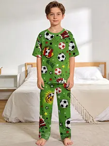 Boys' Summer Sleepwear Set, Football Goal Cartoon Print Short Sleeve Pajamas & Long Pants, Soft Cotton Blend, Perfect Gift for Boys