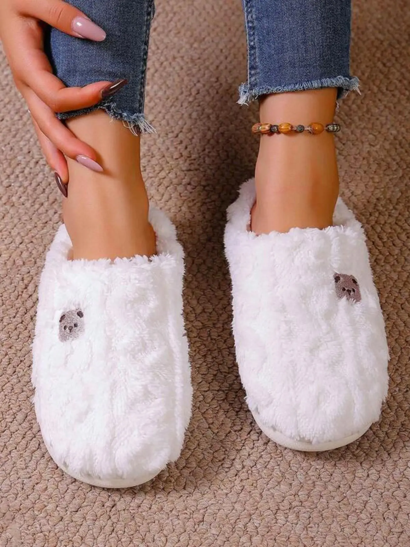 Women's Cartoon Bear Soft Plush Slippers, Thick Sole Warm Indoor Shoes, Casual Fabric Home Footwear for Fall & Winter, Thick Bottom Slippers, Thick Soled Slippers, House Slippers