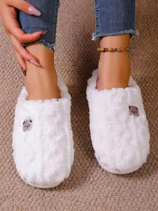 Women's Cartoon Bear Plush Slippers, Thick Sole Warm Indoor Shoes, Casual Fabric Home Footwear for Fall & Winter