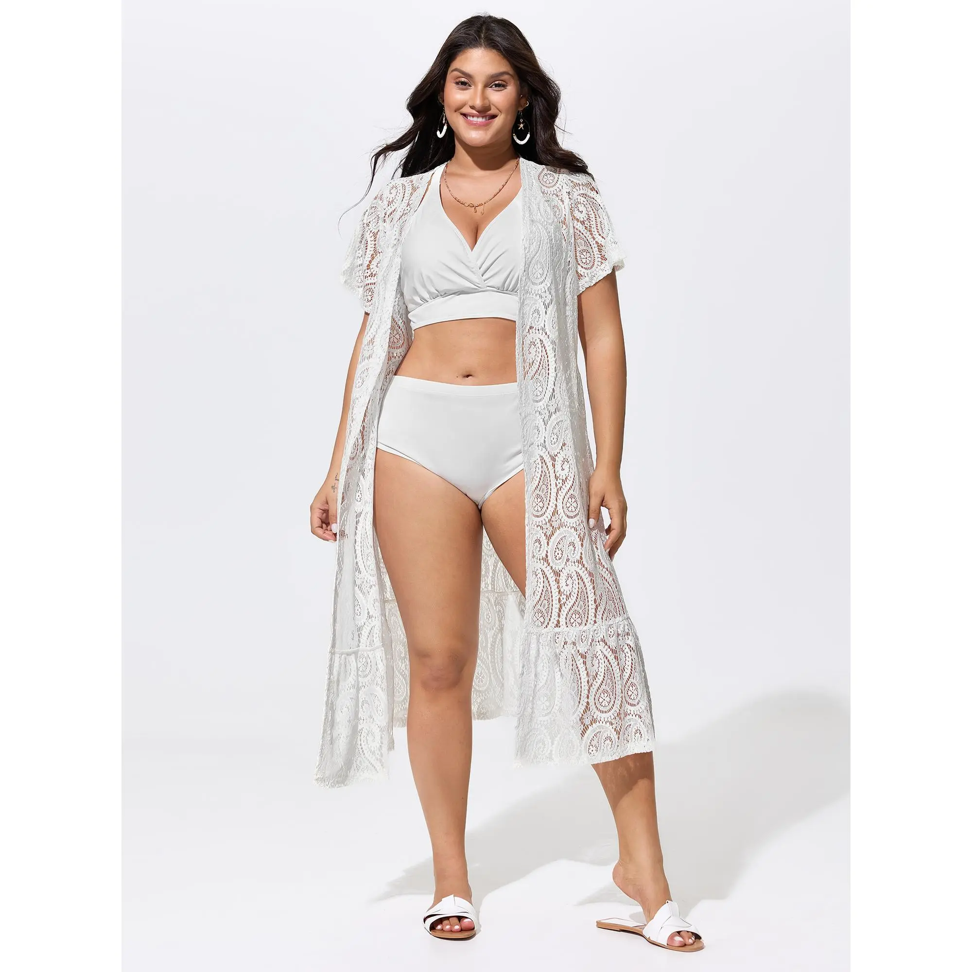 BloomChic Swimsuit Cover Up for Women - White Paisley Lace Kimono Style Coverups for Bathing Suits, Nylon, Cold Hand Wash, Lace Cover Up, Swimsuit Coverup, Beach Wear, Do Not Tumble Dry, Spandex Mix, Hand Wash Only, Polyester, Pull On