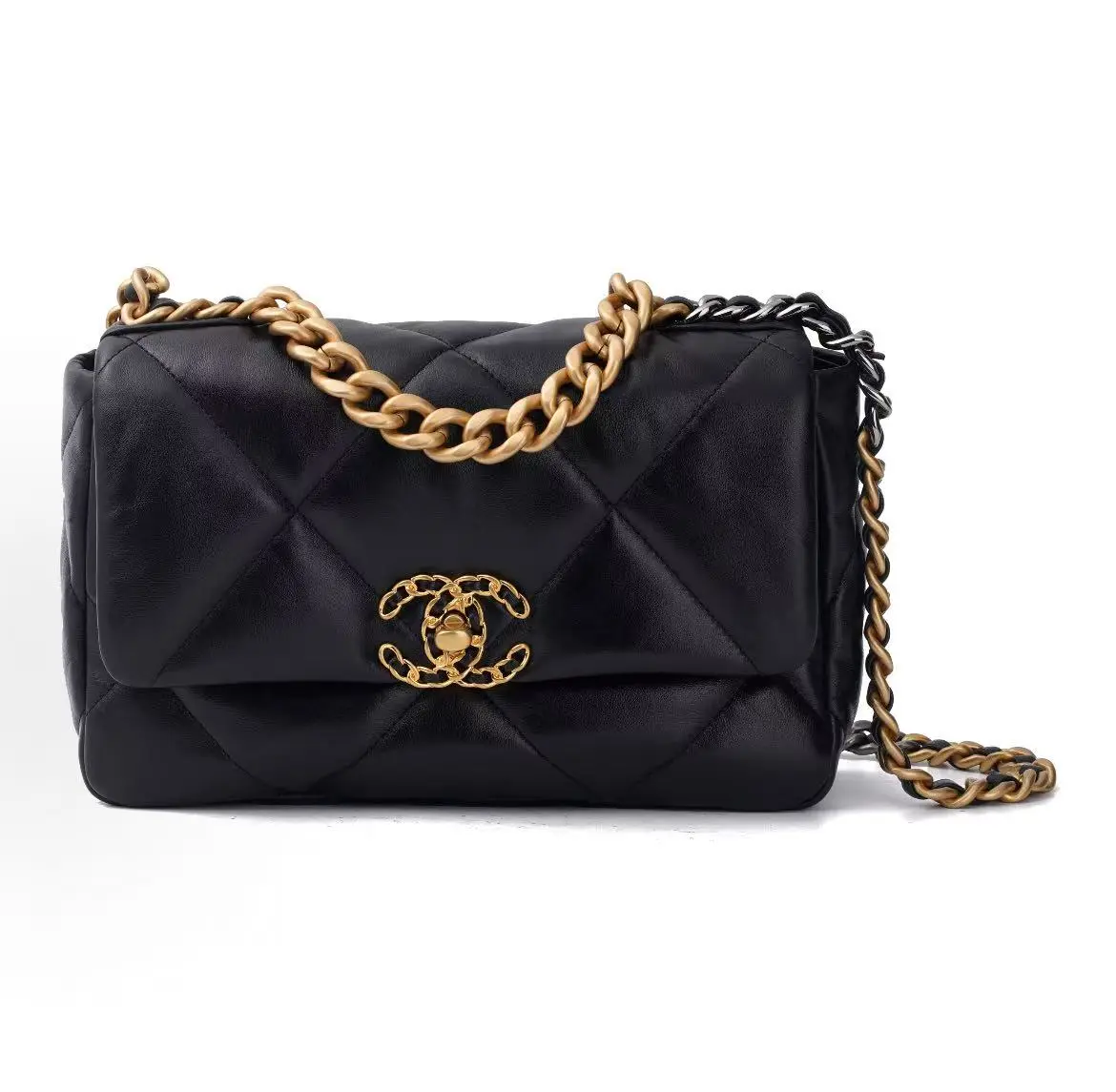 Pre-owned CHANEL Lambskin Crossbody Bags 19 Bag 21C distressed chevron design leather chain shoulder strap 19 sheepskin material flap bag handbag shoulder bag small size women's black