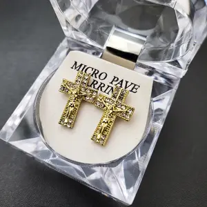Crucifixion of Jesus Cross Iced Fashion Earring Earrrings CZ Religious Stud Unisex with Crystal Case Included
