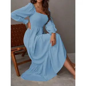Women's Stylish Square Neck, Ruched Design Long Sleeve Dress Maxi Women OutfitGift Blue Casual