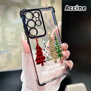 Compatible with Samsung Galaxy S23 Ultra S24 Plus S25 S22+ FE Edge Phone Case Festive Tree Quartet Pattern Clear Protective Four Corners Air Cushion Anti-drop Shockproof Cellphone Casing