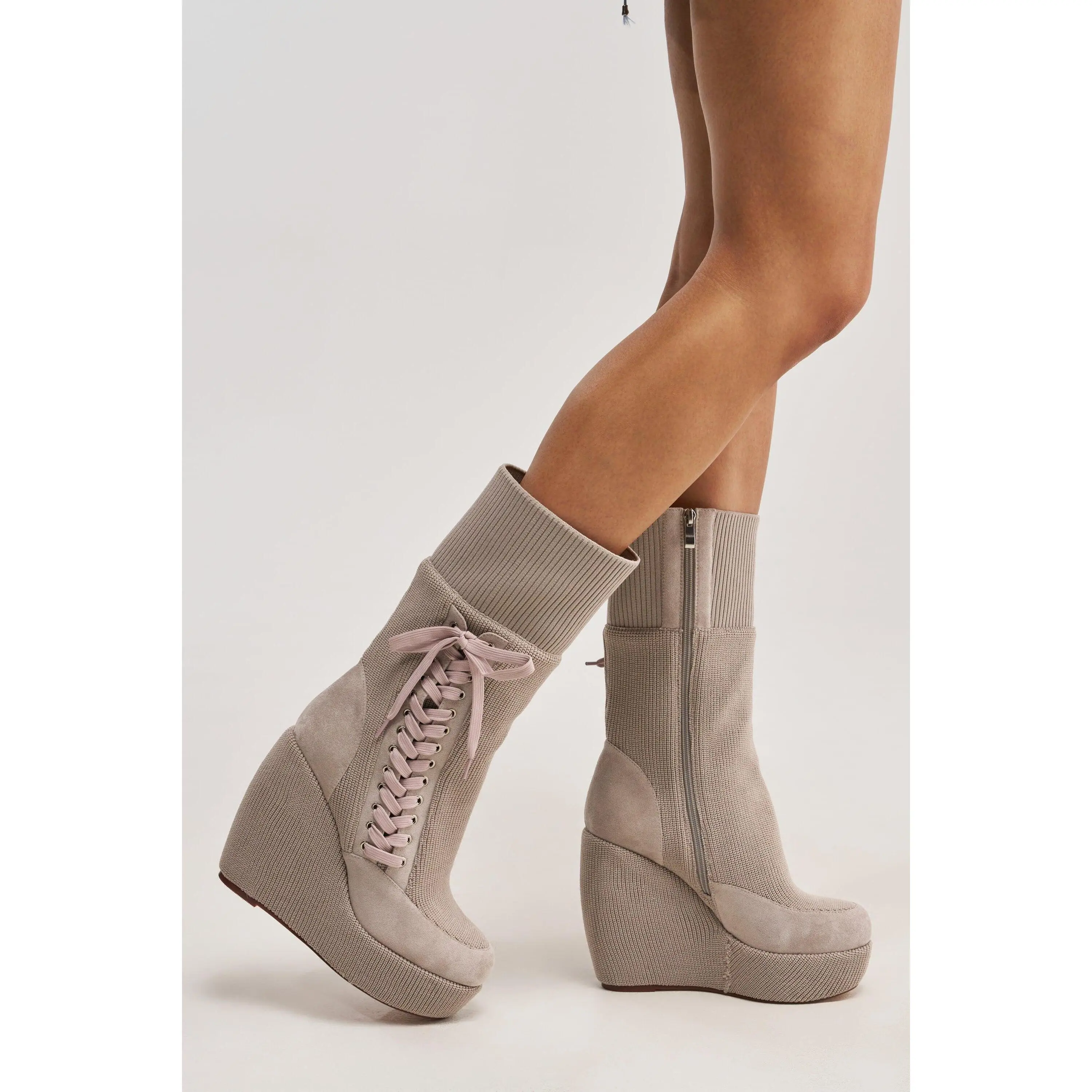 AKIRA GOLD WHATEVER WARM GREY CANVAS WEDGE BOOTIE