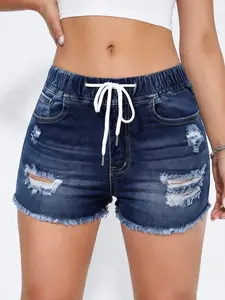 Women's Ripped Stretch Skinny Frayed Denim Shorts - Womenswear Bottom for Summer Beach Casual Wear