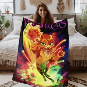 Warrior Cat Cartoon Theme Printed Plush Blanket - Suitable for all seasons, machine washable, great for traveling, camping and napping, unique gift
