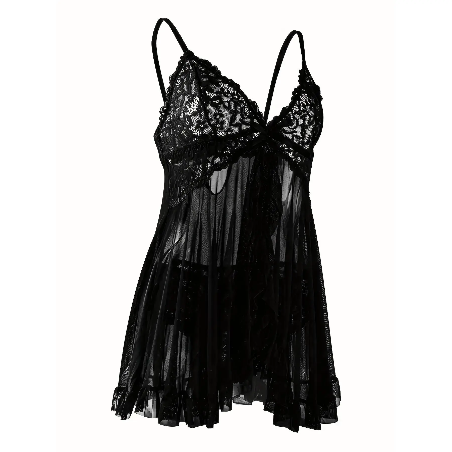 Large Size Lace Sleepwear Dress - Exquisite Contrast Lace, Flattering V-Neckline, Daring Backless Design, Delicate Ruffle Large Size Lace Sleepwear Dress - Exquisite Contrast Lace, Flattering V-Neckline, Daring Backless Design, Delicate Ruffle