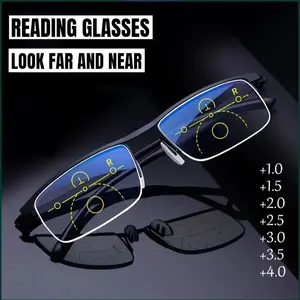 1 Pair 2-in-1 Progressive Multifocal Reading Glasses Rectangular Design Metal Semi-Rimmed  1.0 to  4.0 Strength Lightweight