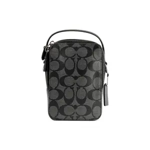 COACH Men's Small Top Handle Phone Bag in Coated Canvas and Calfskin, Black