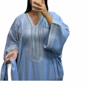 Abayas - Elegant Light Blue Abaya with Embroidered Details and Long Sleeves for Women