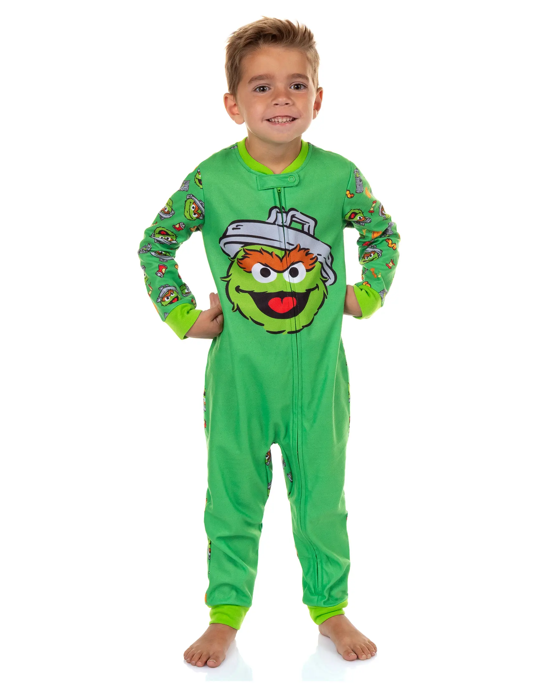 PJammy Toddler Oscar The Grouch Sesame Street Sleepwear, Flame Resistant Fleece Full-Zip Front Footless Sleeper, Machine Wash Oscar Print Boys' Pajamas, Snug Cuff Fit