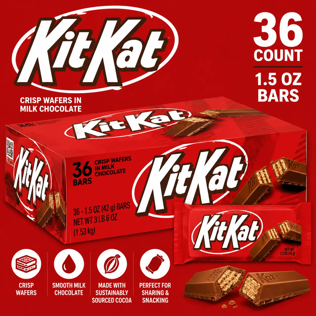 KIT KAT Milk Chocolate Wafer Bars 1.5 oz 36 Count, Classic Crispy Wafer Candy Bars | Individually Wrapped Chocolate Treats