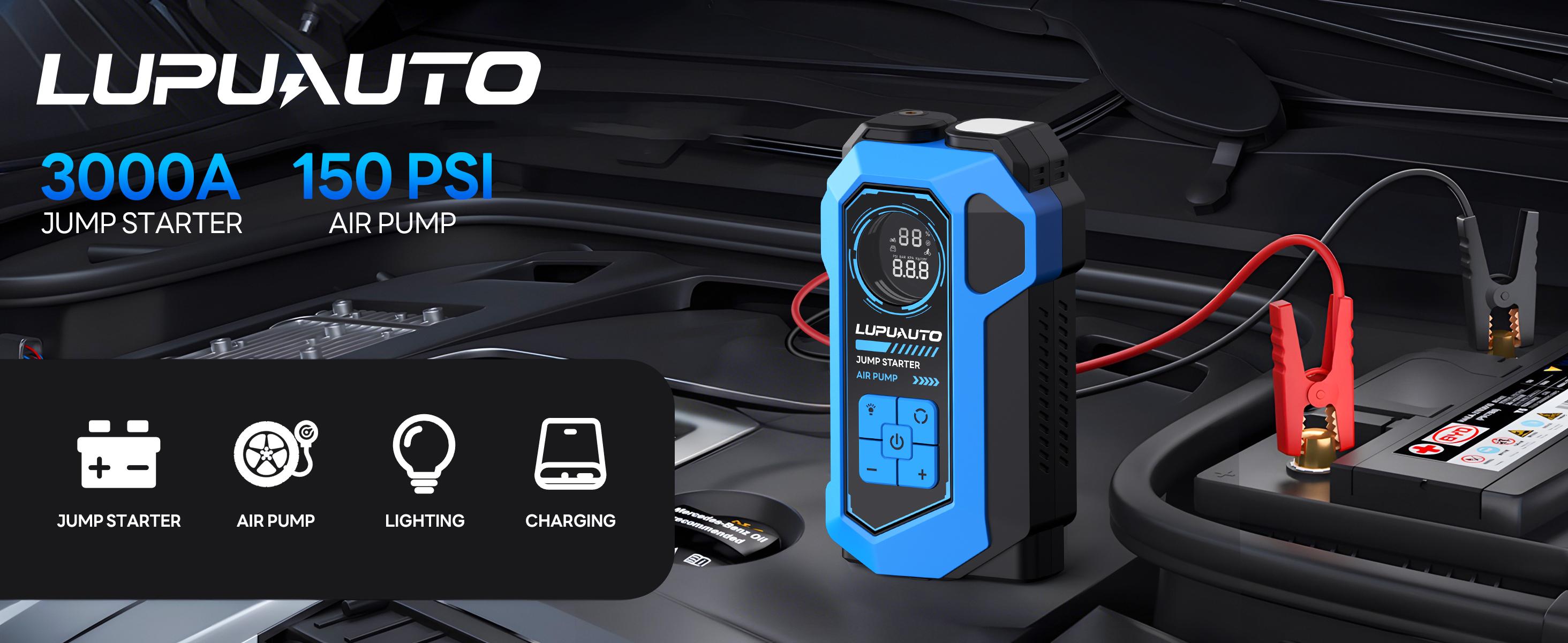 LUPU AUTO multifunctional portable tire inflator, 4 preset modes, automatic stop, LED display, intelligent safety indicator, fast charging for phones and tablets, suitable for car tires, bicycles, and swimming rings