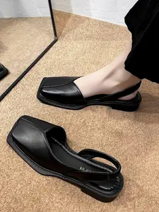 Women's Square Toe Low Heel Mules, Solid Color/zebra Print Open-Toe Sandals, Flat Dress Sandals, Summer Commuter Casual Shoes, Comfortable Single Shoe