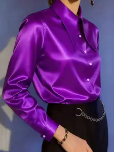 Fashion womenswear - Satin blouse for women, Shirts, large pointed collar, long sleeves, fitted, professional commuting temperament drape top