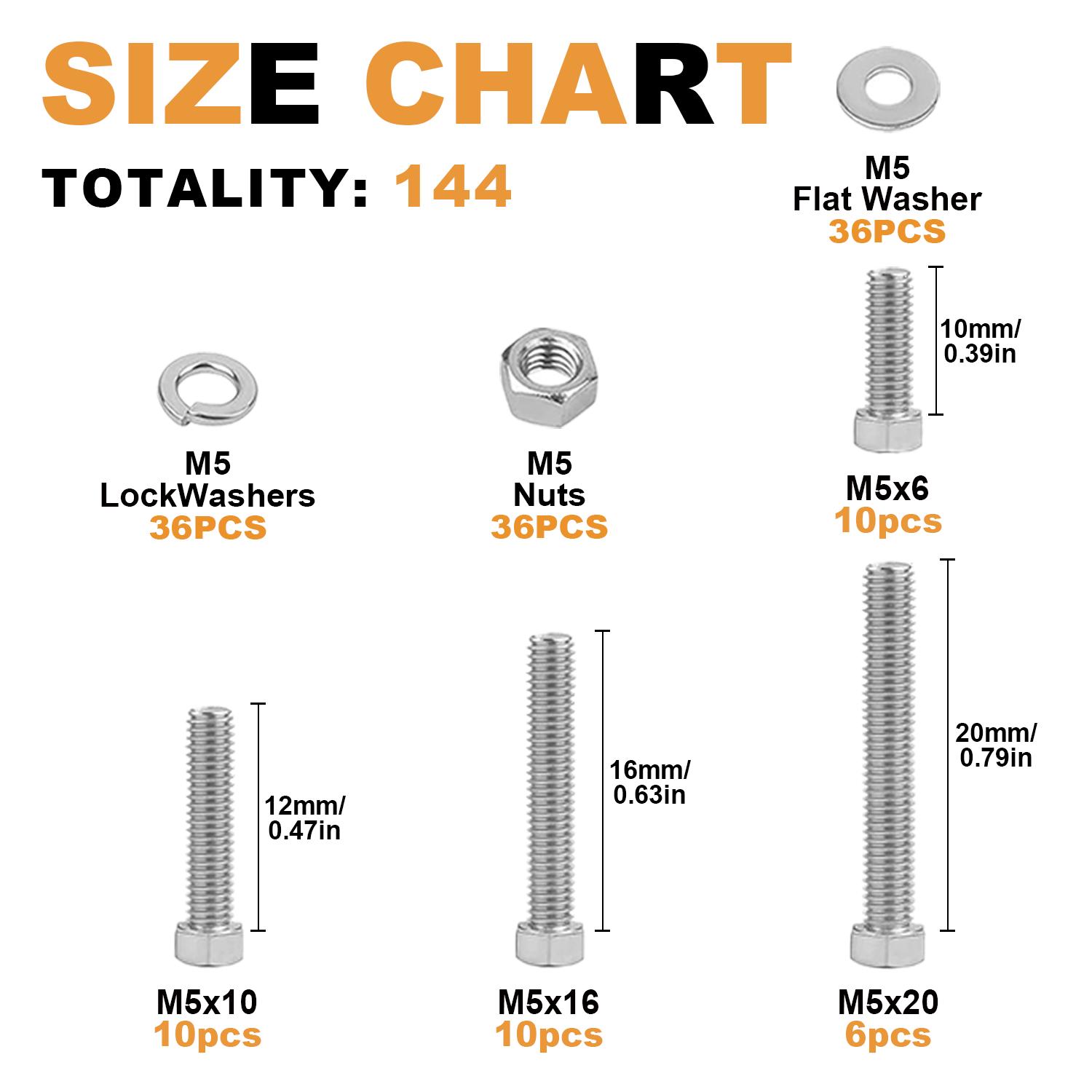 VKKM 144Pcs M5 Hex Head Bolts Assortment Kit, 304 Stainless Steel M5×10/M5×12/M5×16/M5×20 Screws with Hex Nuts, Flat Washers & Lock Washers, Metric Hardware Fastener Set for Automotive, Machinery, Equipment Repair & Industrial Fastening