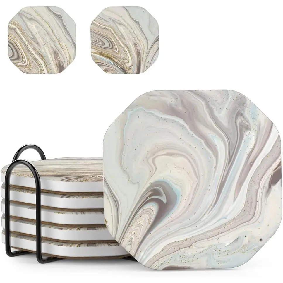 Ceramic Stone Coasters for Drinks Absorbent with Holder for Wooden Coffee Table, Stoneware Cup Coasters for Iced Cold or Hot Drinks,  Socking, Marble Style, 4", Colorful, Gold, 6-Piece