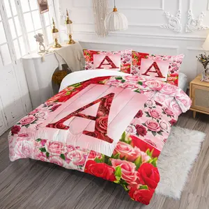 English Initial-Themed Bedding Set — Rose & Monogram (A–Z) Comforter Set. Ideal for Girly Bedrooms, French-Style Rooms, Romantic-Themed Vacation Rentals, and Similar Settings. Soft and comfortable (Includes 1 Quilt + 1 or 2 Pillowcases.)