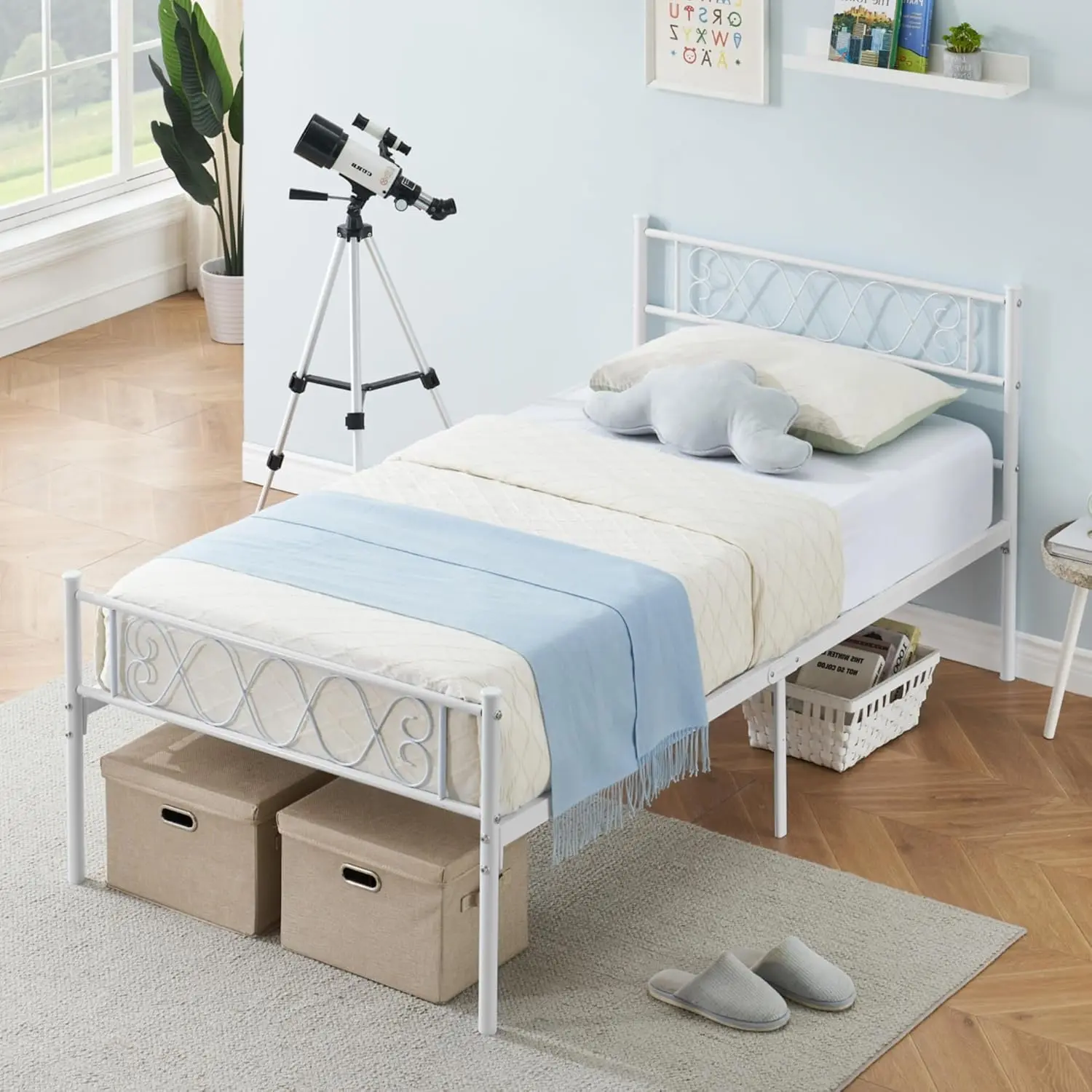 Twin Size Steel Bed Frame with Wrought Iron Heart-Shape Decor Headboard and Footboard, 12.2in Underbed Storage, White Steel Bed Frame, Wrought Iron Headboard, Steel Bed Frames