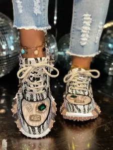 Sweet Cool Style Embroidered Casual Sneakers, Full Diamond Stitching + Colorblock Sole, Unique and Eye-Catching, Perfect with Ripped Jeans