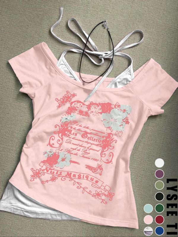 Women's 2 in 1 Floral & Letter Print  Halter Tee, Y2k Casual Top for Summer, Ladies Clothes for Daily Wear