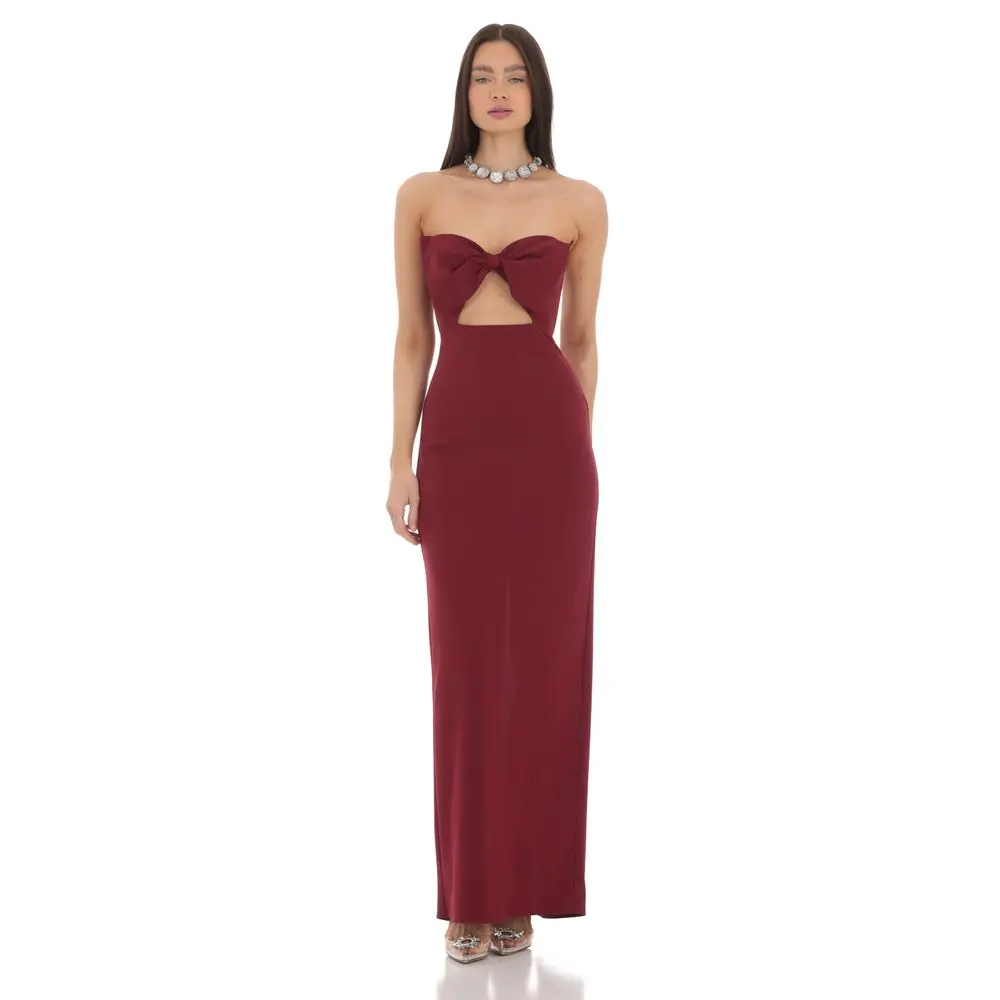 Bow Cutout Strapless Maxi Dress in Maroon Bow Cutout Strapless Maxi Dress in Maroon