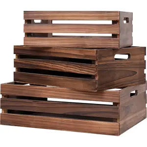 Set of 3 Handmade Solid Wood Vintage Brown Rustic Decorative Wooden Crates, Versatile Wood Boxes for Storage and Display