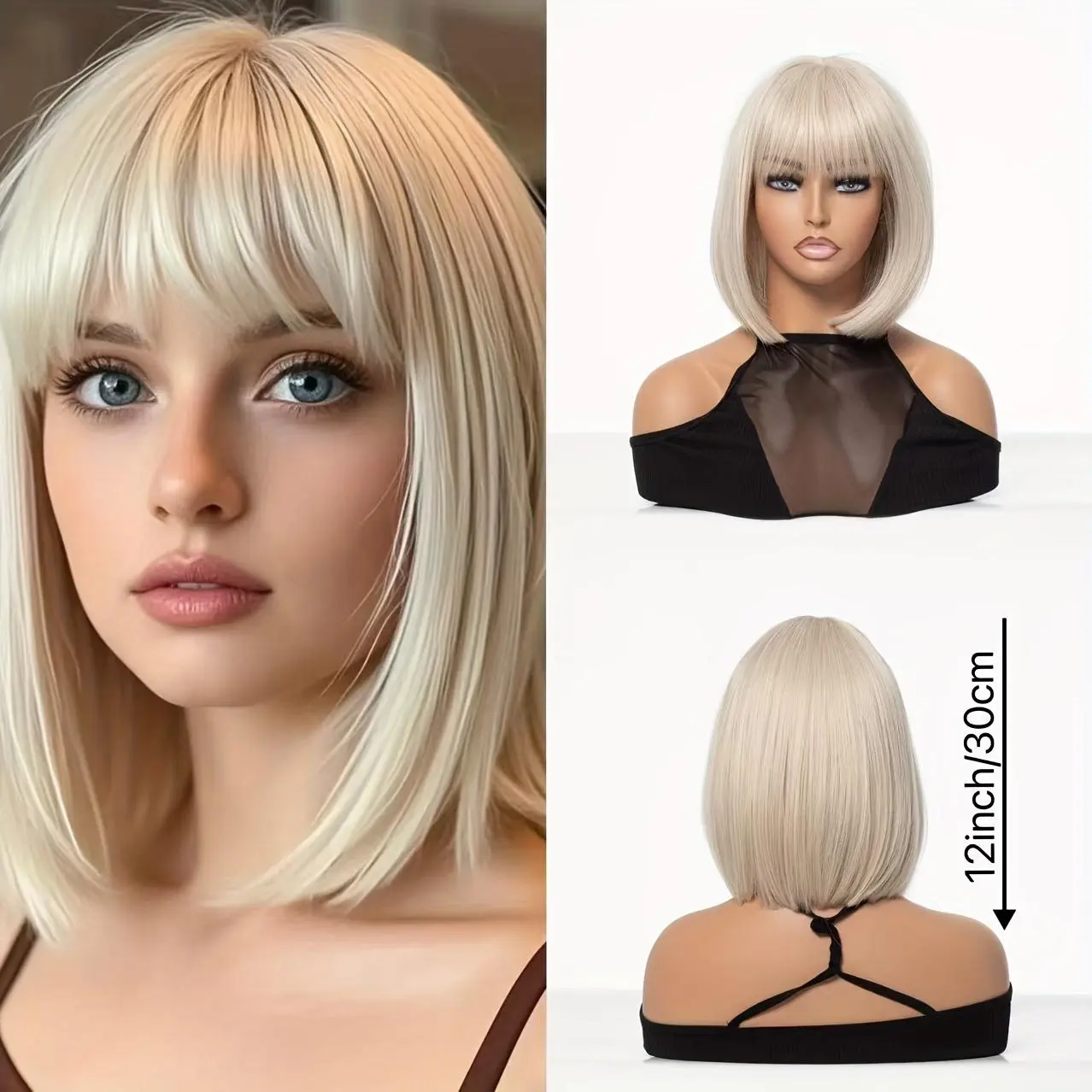 Short Straight Synthetic Bob Wig with Bangs, Gradient Platinum Color, Glueless Full Machine Made, Breathable & Synthetic Natural Looking, Glueless Bob Wig, Bob Cut