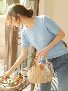Elegant Women's Spring Summer Fashion Casual Home Office Commute French Style Pure Color Knit Sweater Twisted Texture Ribbed Hem Round Neck Short Sleeve