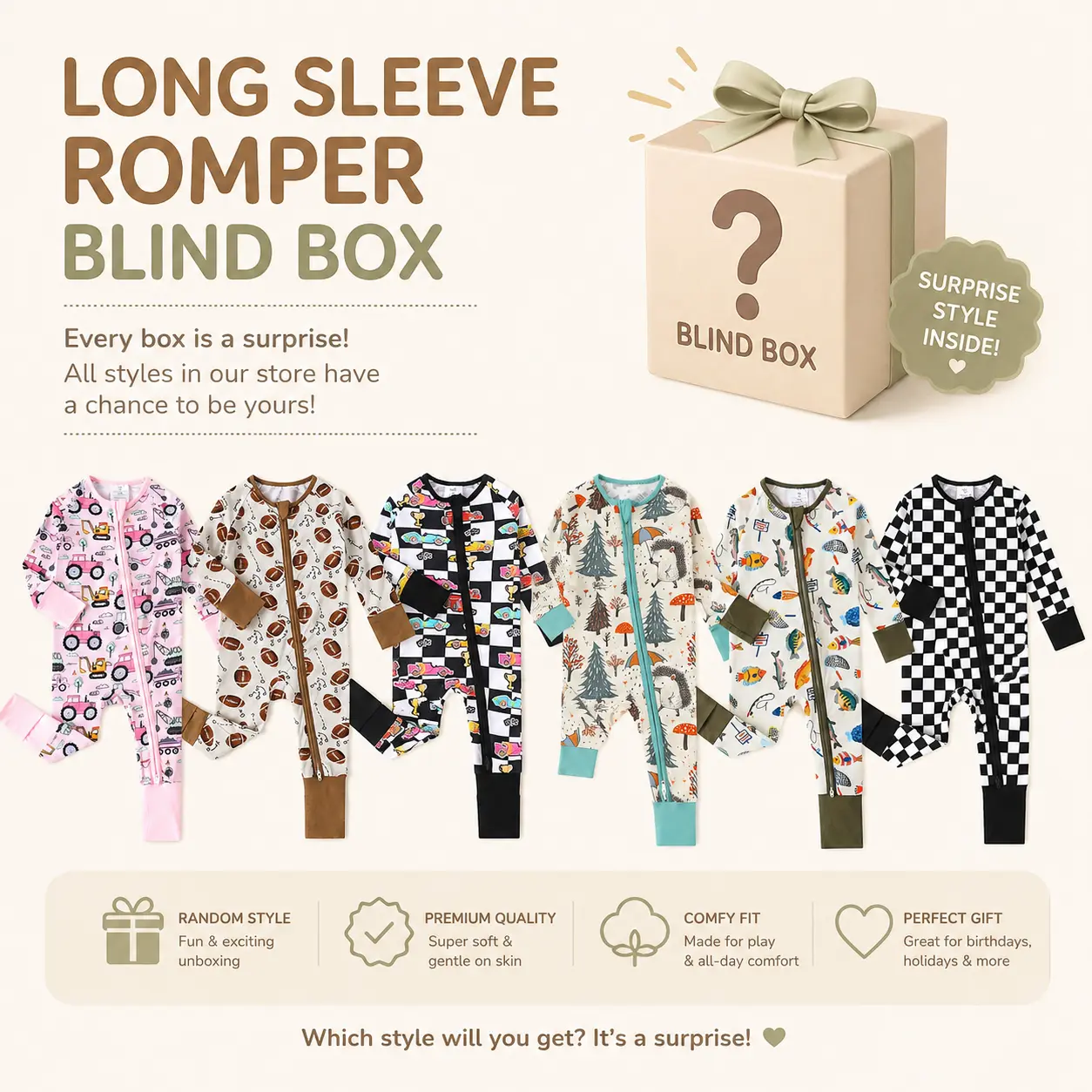 JUNBLEBABY Unisex Bamboo Long Sleeve Baby Romper Mystery Box, Surprise Print Sleeper with 2-Way Zipper & Convertible Footies, Infant (0-24M), All Seasons Snug Fitting Lucky Bag Sleepwear