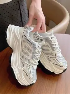 Breathable Mesh Chunky Platform Sneakers for Women, 2 Colors Available Wine Red Silver Grey Vintage Dad Shoes, Lace Up Height Increase Casual Walking Shoes, Y2K Aesthetic Streetwear Footwear