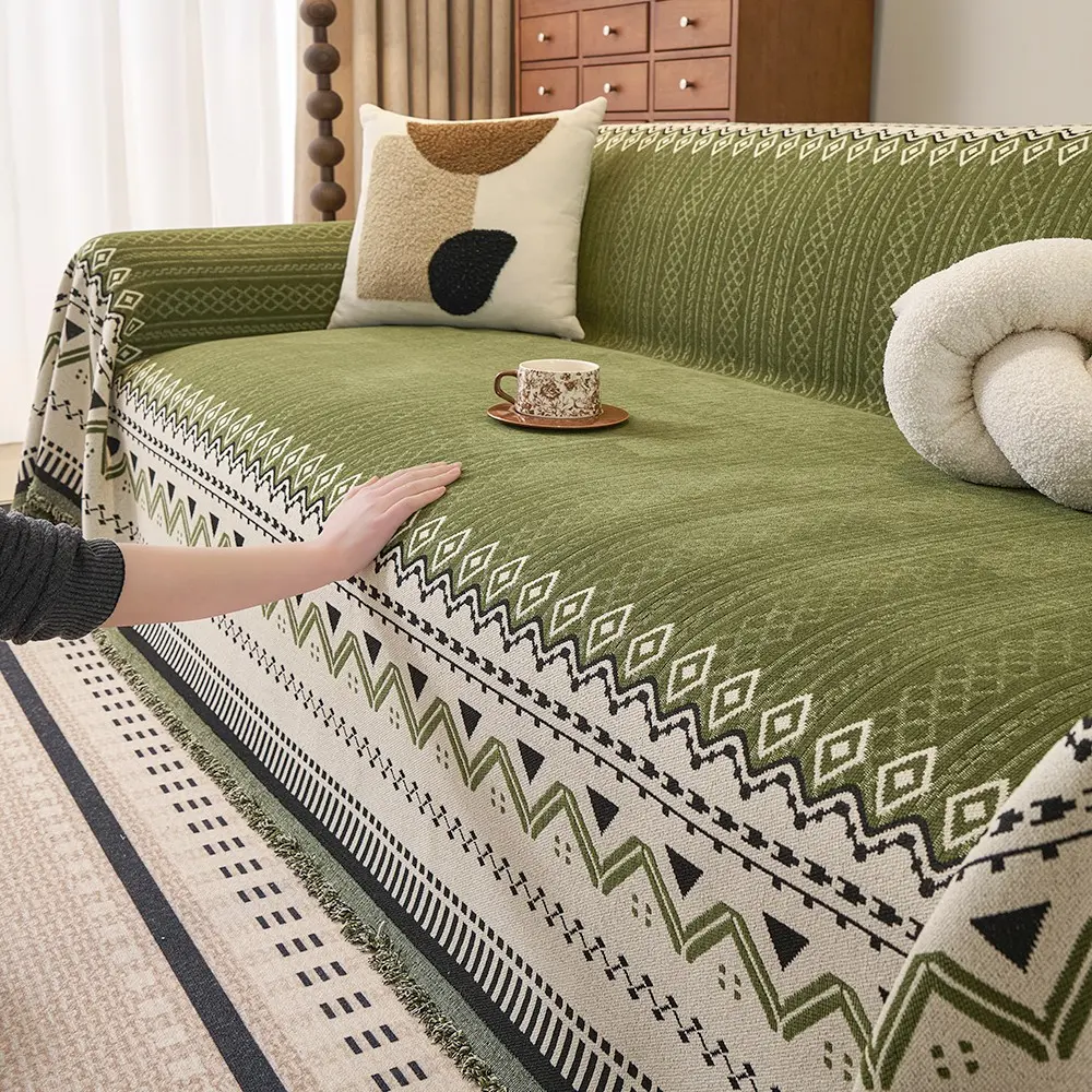 Bohemian Style Washable Removable Sofa Cover with Fringe, Cat Scratch Protection, All-Seasons Retro Design, Ideal for Home and Ethnic Hotel Decor Couch Cover