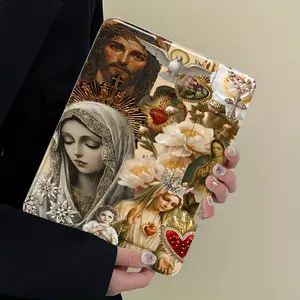 Vintage Religious Collage iPad Protective Case,Virgin Mary  Floral Print Protective Cover With Transparent Acrylic Hard Back,Pencil Slot & Charger Port,Fits iPad 7.9/8.3/10.2/10.5/10.9/11/12.9 13 inch,Shock-resistant Full Cover Protective Case