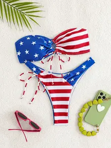 LALUZ Boutique Swim Vcay Summer Beach Women's USA Flag Printed Bikini Set With Strapless Bra & Drawstring Waist Bikini Bottom 4th Of July Bikini Set For Summer Beach