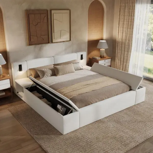 White Teddy Fleece-LVL Platform Bed Frame with Massive Hidden Storage, Modern Bouclé Fabric Bed with Built-in Nightstands & LED Lights, Wood Slats, 182 lbs Capacity, No Box Spring Needed, Queen/King Sizes, Assembly Required
