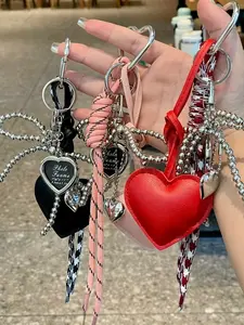 Y2K Gothic Women's Elegant Heart Shaped Keychain Handmade Beaded Silver Bow Charms Heart Love Keychain Bowknot Braided Rope Key Chain Bag Pendant Charm Hanging Accessories for Handbags,Wallet,Car Backpack & Key Pendants for Fashion Enthusiasts Black Red